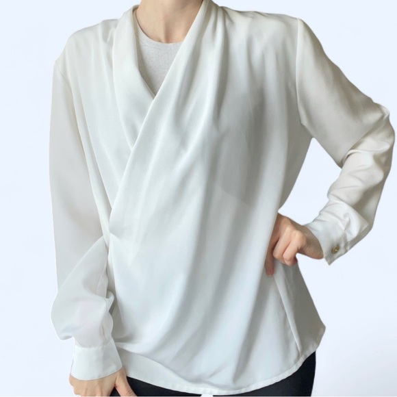 Vintage 90s Jac Dale White Blouse Wrap Detail Long Sleeve Boho Minimalist Work - Picture 1 of 4